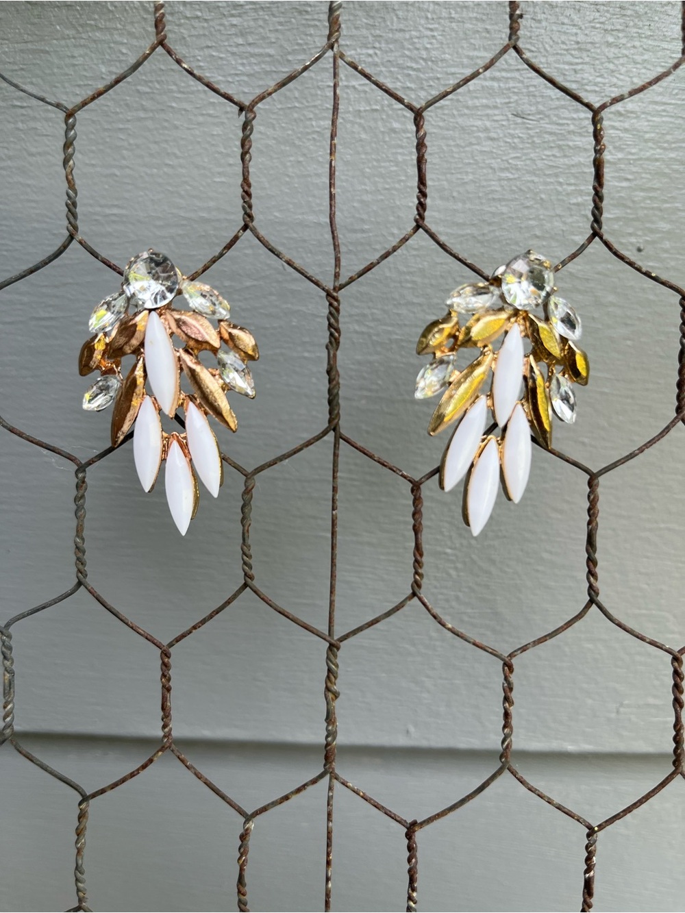 Costume Earrings White Faceted Beads, Rhinestones Gold Tone Post Style